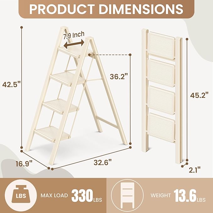 GameGem 4 Step Ladder Folding Step Stool with Wide Anti-Slip Pedal, 330LBS Capacity, Lightweight Portable Stepladder for Home and Kitchen Use, Cream White