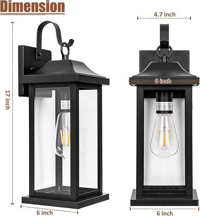 2-Pack 17 Inch Large Outdoor Light Fixtures, Exterior Matte Black Wall Sconces IP65 Waterproof Anti-Rust, Porch Lights with Clear Glass Outside Modern Wall Lanterns E26 Bulb Base