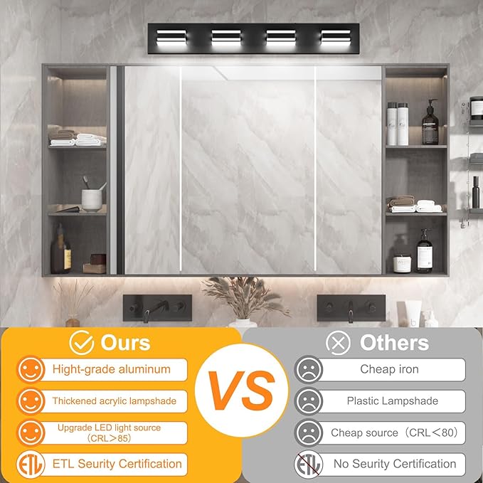 Ralbay Modern Black Vanity Light for Bathroom 4-Light 30inch Matte Black Modern LED Acrylic Bathroom Wall Lighting Fixtures Over Mirror