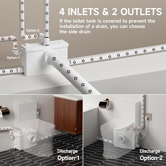 800W Macerator Pump, Up to 36 ft, High Efficiency Sewerage Pump with 2 Outlets/4 Inlets for Macerating Toilet,Sink, Shower, Basement, High Power Copper Motor