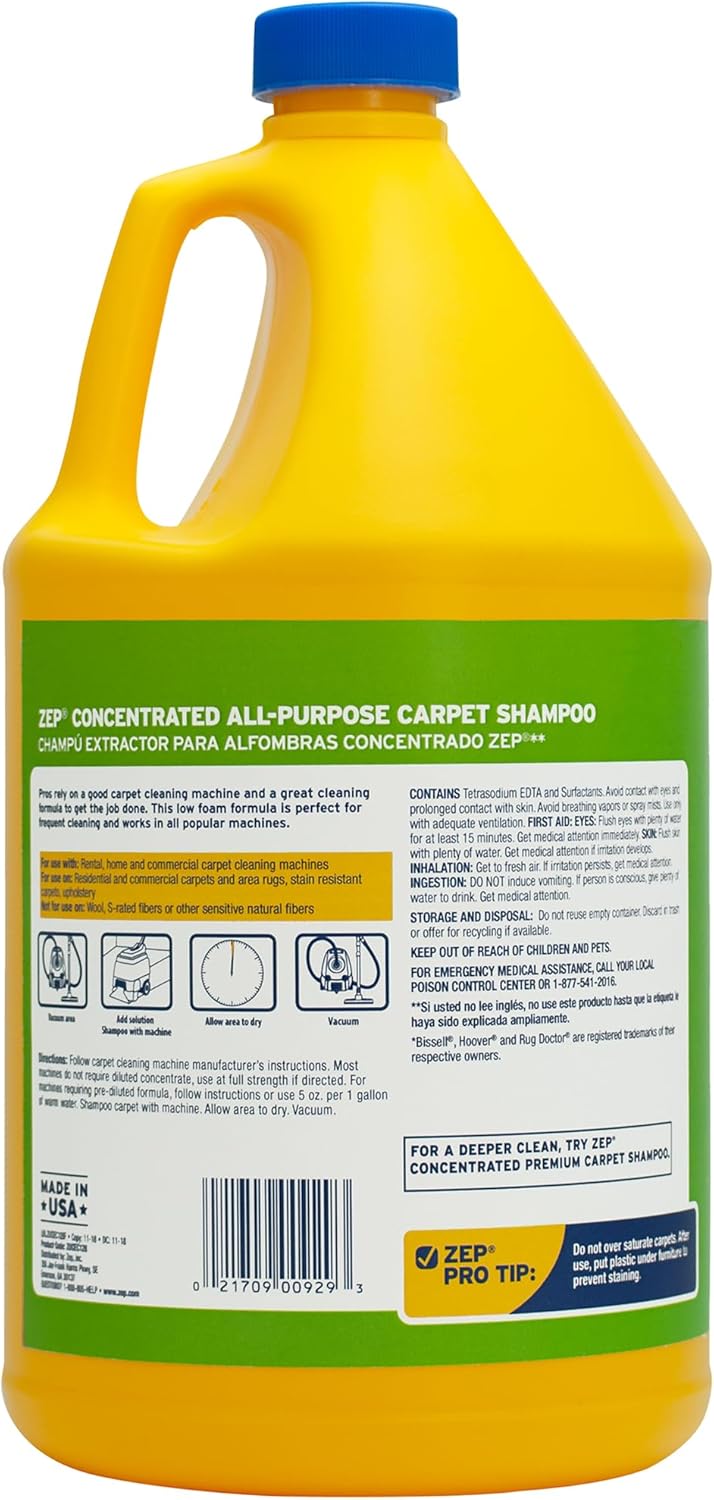 Zep All-Purpose Carpet Shampoo Concentrate Cleaner - 1 Gallon (Case of 2) ZUCEC128 - Professional Formula Removes Dirt and Stains
