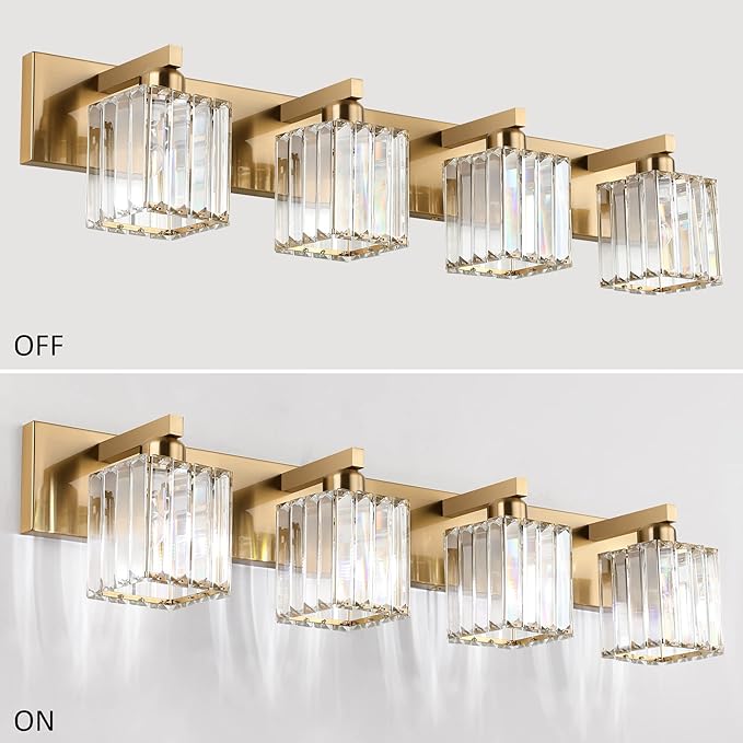 Aipsun Bathroom Lighting Fixtures Modern Crystal Vanity Light Brass 4 Light Bathroom Vanity Light (Exclude Bulb)