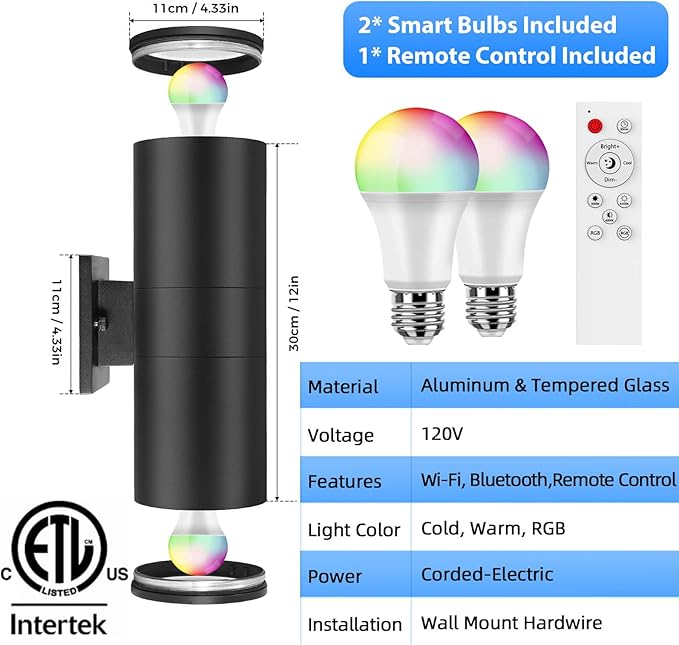 SHIMR Modern Outdoor Wall Lights Color Changing, RGBCW Smart Outdoor Lights with Remote Control, Waterproof Antirust Black Aluminum Exterior Lighting Fixtures Up and Down Lights [ETL Listed]