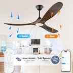 60 Inch Ceiling Fans with Lights, Outdoor Ceiling Fans for Patios with Light Damp Rated, 3 Blades Wood DC Ceiling Fan Modern Large Airflow Commercial Ceiling Fan with Remote & APP for Exterior Indoor
