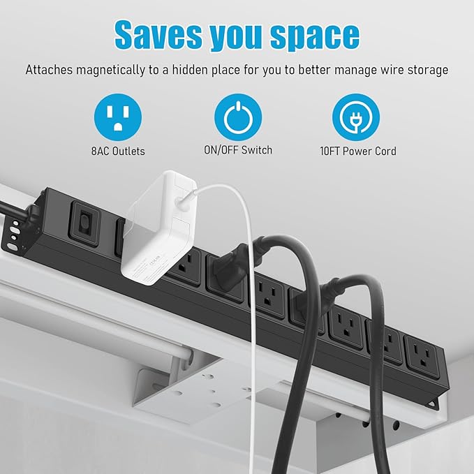 HHSOET Magnetic Mount Power Strip, 8 Outlet Mountable Socket, Metal Heavy Duty Surge Protector, Gaming Table Outlet, Easy to Fix Without Drilling or Taping, 10FT Extension Cord.(Black)