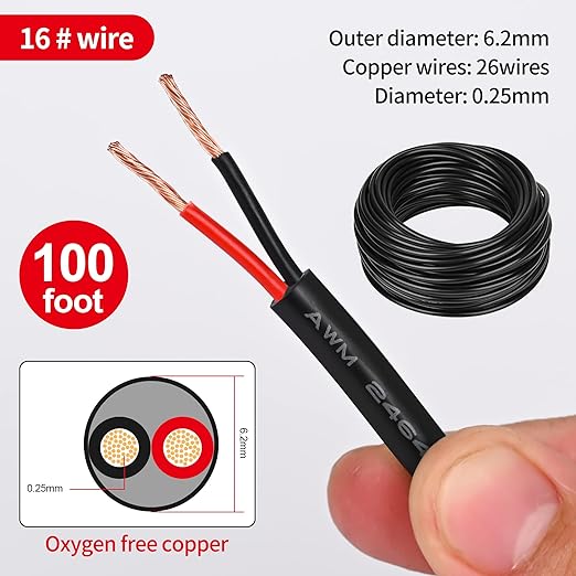 16 Gauge Electrical Wire 2 Conductor,16 AWG Electrical Wire Stranded PVC Cord Oxygen-Free Copper Cable,100FT Pure Copper Hookup Wire Cord for LED Lamp Lighting Strips Automotive…