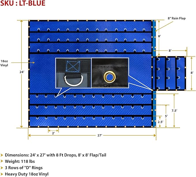 Mytee Products 24' x 27' Flatbed Trailer Lumber Tarp with 8 FT Drop - Heavy Duty Blue 18 Oz Vinyl Waterproof Tarp for Truck/Trailers to Protect Cargo from Wind, Rain, Snow, and Sun