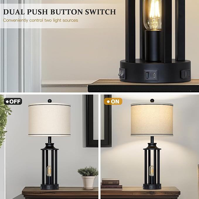 27.5" Black Farmhouse Table Lamps Set of 2, Tall Vintage Lamps for Living Room with USB A+C Charging Ports & AC Outlet, Rustic Bedside Lamp with Night Light, Bedroom Lamp for Nightstand Side End Table