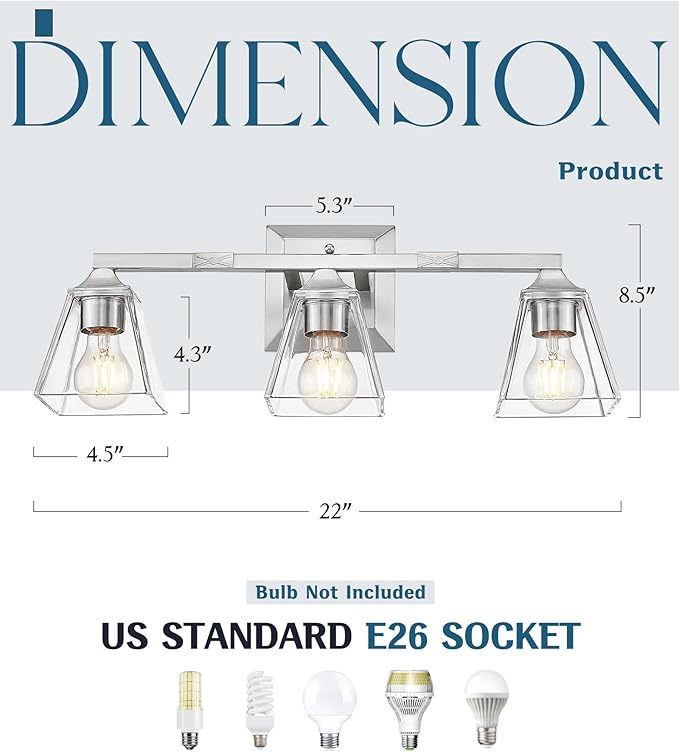 Modern Bathroom Light Fixture, HWH 3-Light Bathroom Light Fixtures Brushed Nickel Wall Vanity Light, Vanity Wall Lamp with Square Bell Glass Shade, 5HY68B-3W BN