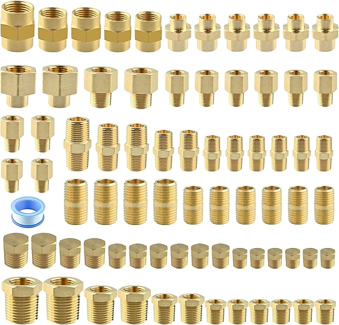 78PCS Brass Pipe Fittings Assortment Kit NPT Adapter, Hex Nipple, Hex Coupling, Reducer Busing, Hex Coupling, Close Nipple, Hex Head Plug Brass Fittings Kits