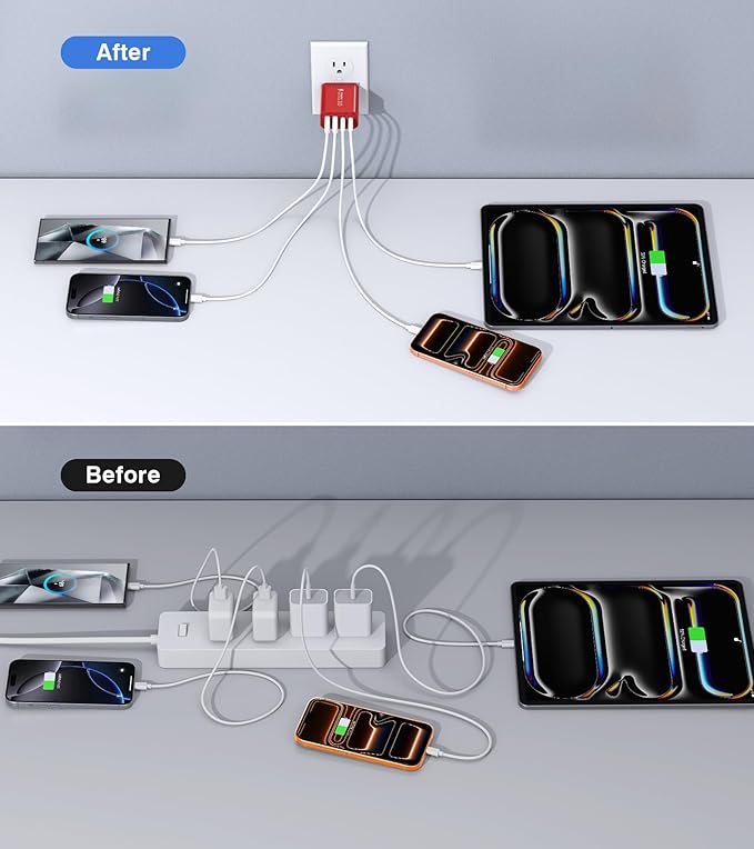 40W USB C Wall Charger, 2-Pack Super Fast Charging Block PD+QC 4 Port Charger Cube for iPhone 17/16,iPad Pro/Mini/Air, iPod Nano, iPod Touch, Switch, Smart Phone, Smartwatches and Tablet(Red)