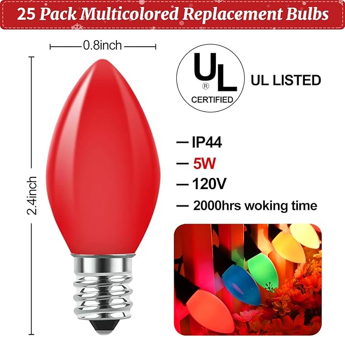 C7 Christmas Replacement Bulbs, 25 Pack Multicolor Ceramic Light Bulbs for Christmas Outdoor Indoor String Lights, E12/C7 Base, 5 Watt