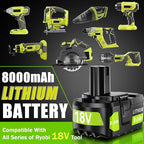 Upgrade 2Pack 8000mAh High Capacity Replacement for Ryobi 18V Battery P108 P104 P105 P102 P103 P122 P109 Li-ION Compatible with All Ryobi 18Volt ONE+ System Cordless Power Tools and Charger