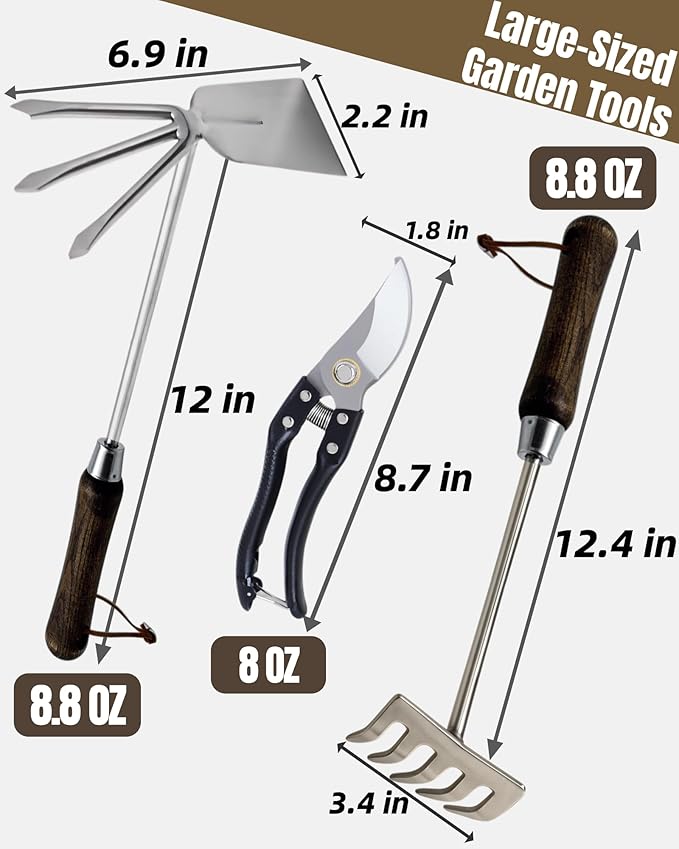 Garden Tool Set, 6PCS Heavy Duty Stainless Steel Gardening Hand Tools with Ropes, Includes Trowel, Transplanter, 2-in-1 Hoe, Pruner & More, Ideal Gardening Gift for Man and Woman (Standard Packaging)