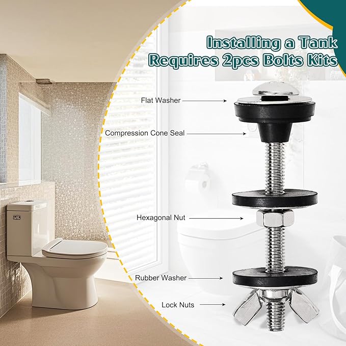 8PCS M6 Universal Toilet Tank to Bowl Bolts Kit, Heavy Duty Toilet Tank Bolts and Washers, 304 Stainless Steel Toilet Seat Bolts Kit, with Extra Long Nut Easy to Install (ΦM6, 8)