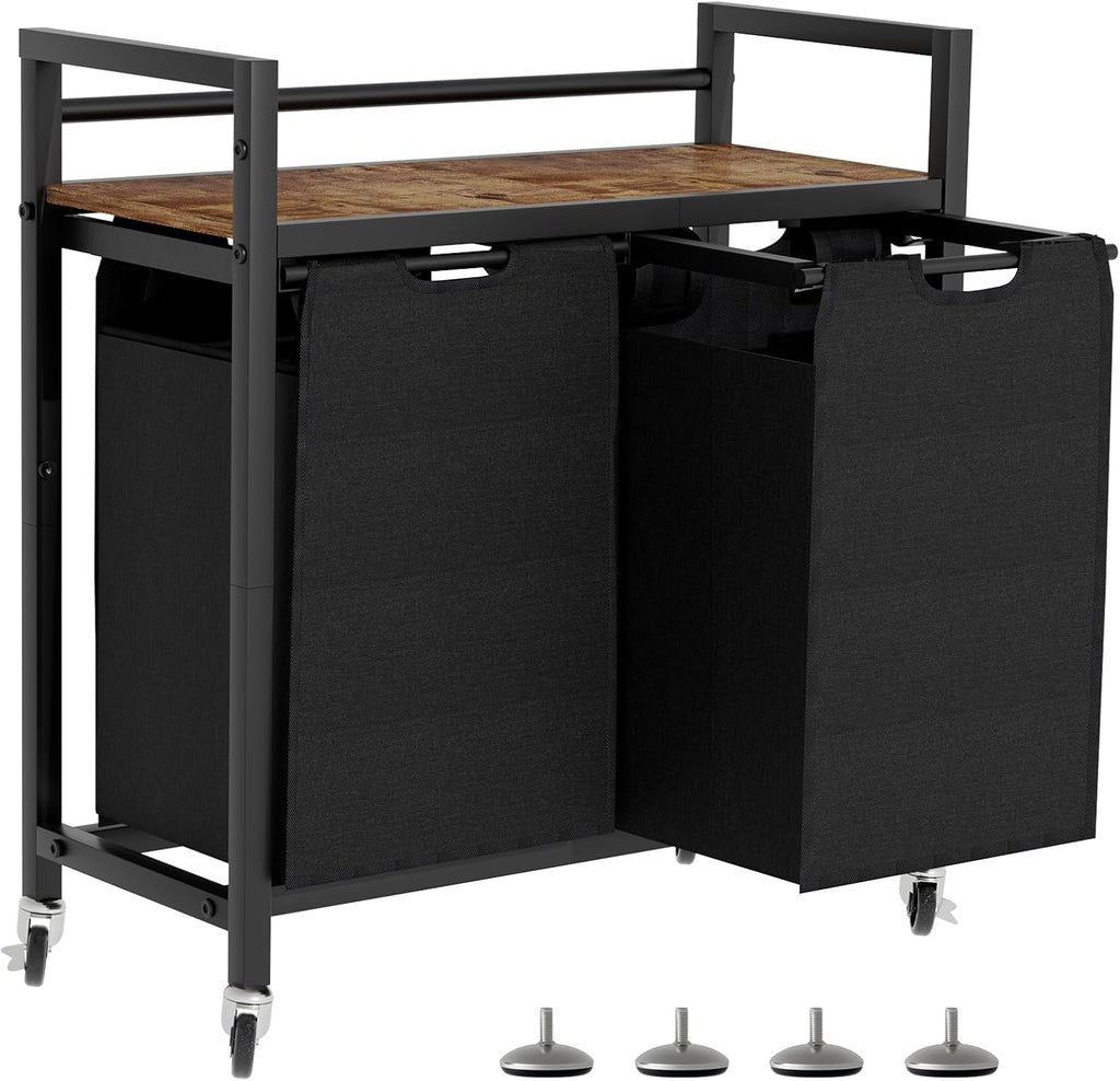 Laundry Hamper, Laundry Basket, Laundry Sorter with 2 Removable Bags, Clothes Basket with 2 Compartments, Wheels, Shelf for Laundry Room Bathroom Bedroom (2 Bags-Black)