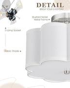 Semi Flush Mount Ceiling Lights, 3-Light 13" Ceiling Light Fixtures with Fabric Shade in Flower Shape, Brushed Nickel Drum Lighting for Nursery Hallway Bedroom Kitchen, AD-22007-3SF-SN