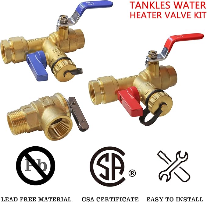 Xiny Tool 3/4-Inch IPS Isolator Tankless Water Heater Service Valve Kit with Pressure Relief Valve, Clean Brass