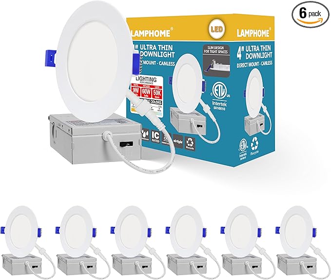 LAMPHOME 6-Pack of 4-Inch Slim LED Recessed Lights with Junction Box, Adjustable Color Temperatures (2700K-5000K), 9W Equivalent to 75W, Dimmable, 950LM Brightness - ETL and Energy Star Certified