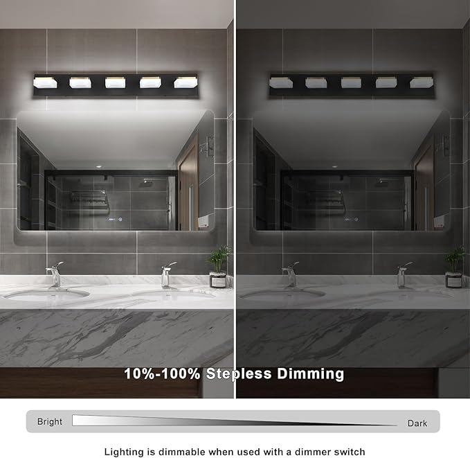 Bathroom Vanity Light - 5-Lights LED 30W - Dimmable Over Mirror Light Fixture for Brightening Your Bath - Gold and Black Wall Sconces with Acrylic Lampshade - Daylight 5500K