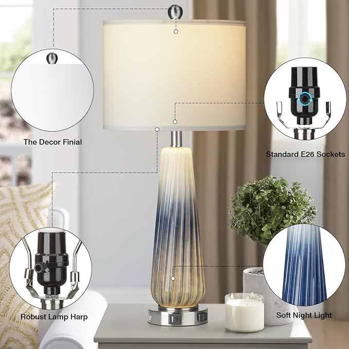 28" Glass Table Lamp Set of 2, Modern Table Lamps with USB A+C Ports & AC Outlet, Touch Control Bedside Nightstand Lamp with LED Night Light & White Fabric Shade for Living Room Blue(4 Bulbs Included)