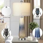 28" Glass Table Lamp Set of 2, Modern Table Lamps with USB A+C Ports & AC Outlet, Touch Control Bedside Nightstand Lamp with LED Night Light & White Fabric Shade for Living Room Blue(4 Bulbs Included)