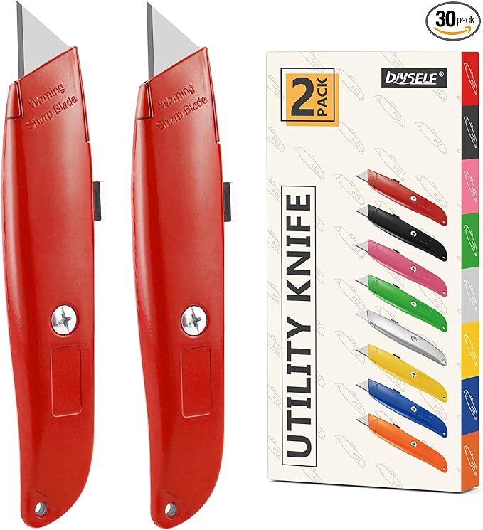 DIYSELF 30 Pack Box Cutter Heavy Duty Aluminium Shell Utility Knife | SK5 Steel Sharp Blade | Retractable Knife for Cutting Cartons Ropes and Cardboard | Home and Office Use (Red)