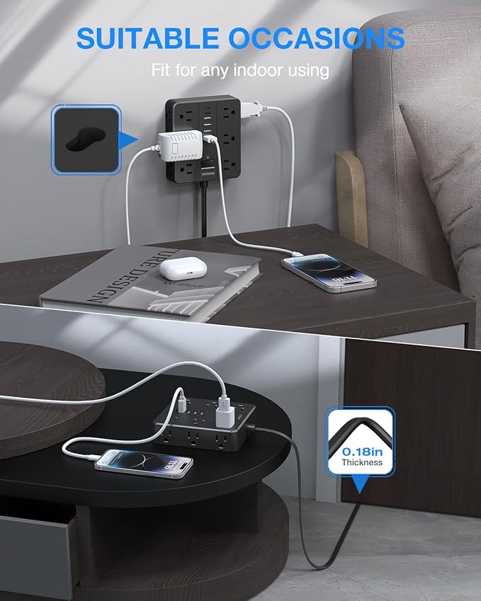 Power Strip Surge Protector, Flat Extension Cord Indoor 20 Feet, HUNIAN 12 Widely Spaced Outlets with 6 USB Charger (2 USB C Ports), Desk Charging Station for Home Office Supplies, Dorm Room, Black