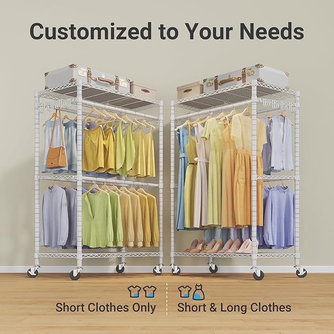 VIPEK R2 Pro Rolling Garment Rack Heavy Duty Clothes Rack with Locking Wheels Adjustable Shelves 2-Sided Hanging Rods Metal Closet Freestanding Clothing Racks, Max load 600lbs, White