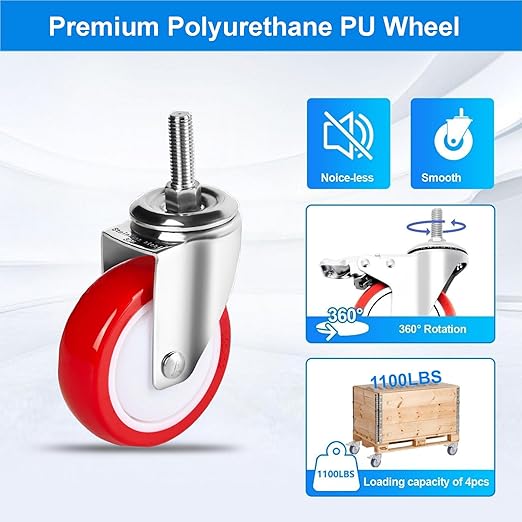 Stainless Steel Caster Wheels 4 inch, 1/2"-13x1-1/2 Threaded Stem Locking Casters Set of 4, Non-Marking Slient Polyurethane PU Wheels for Furnitures,Restaurants,Labs,Hospitals