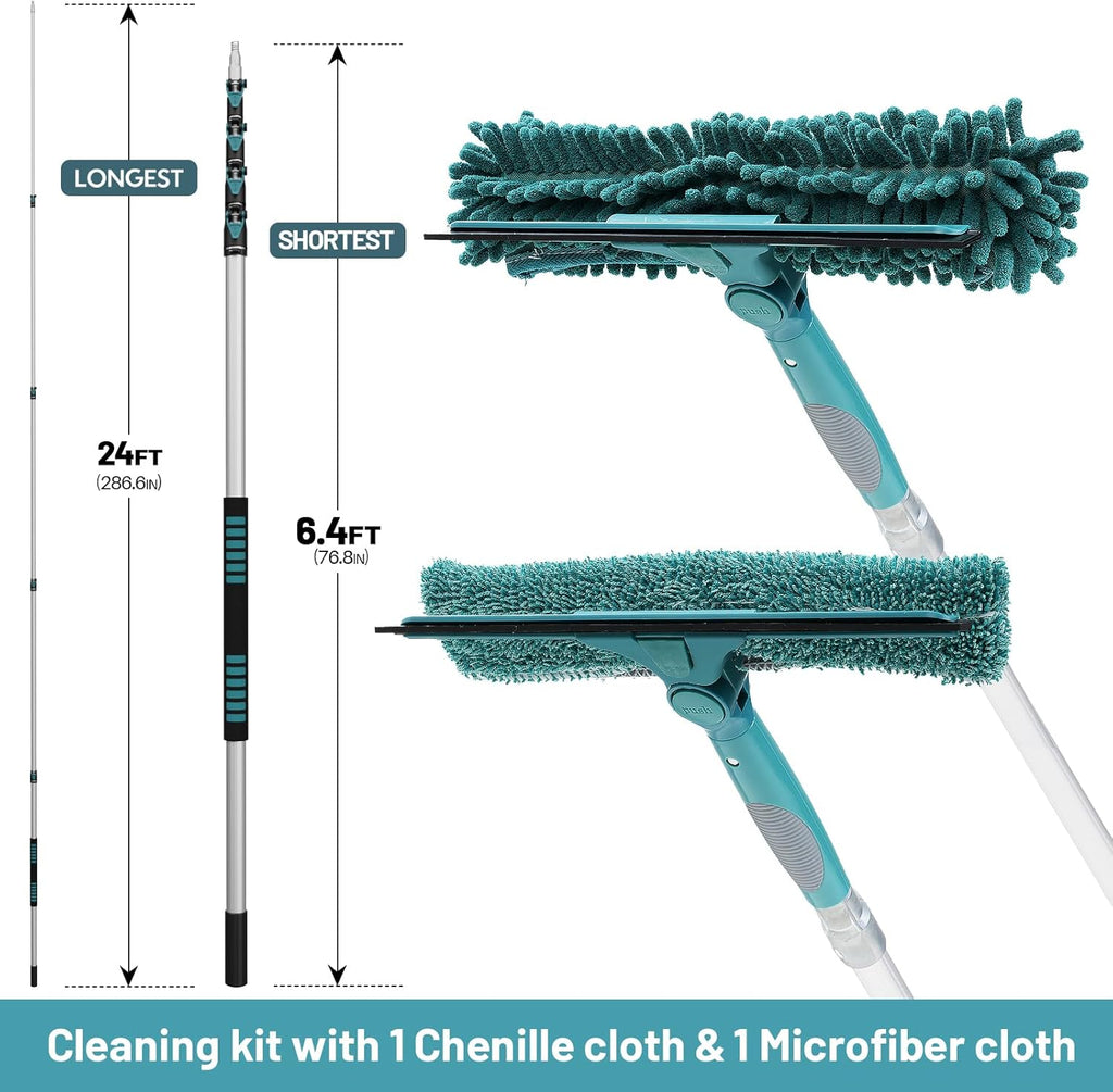 30 Feet High Reach Window Squeegee with 6-24 Ft Extension Pole, Window Cleaner Tool with 5-Stage Telescoping Pole, Window Cleaning Kit with Rotatable Head (2 Squeegee & 2 Microfibre Cloths)