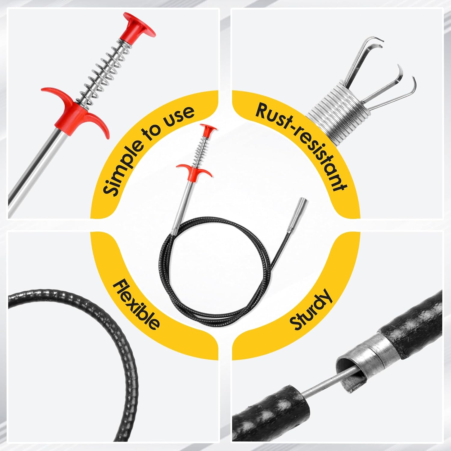 Drain Snake, 2 Pcs Drain Clog Remover(63 In And 35.5In), Upgraded Sink Drain Cleaner, Flexible Plumbing Snake With 4 Claws, Snake Drain Hair Removal Tool, Toilet Snake Drain Clog Remover