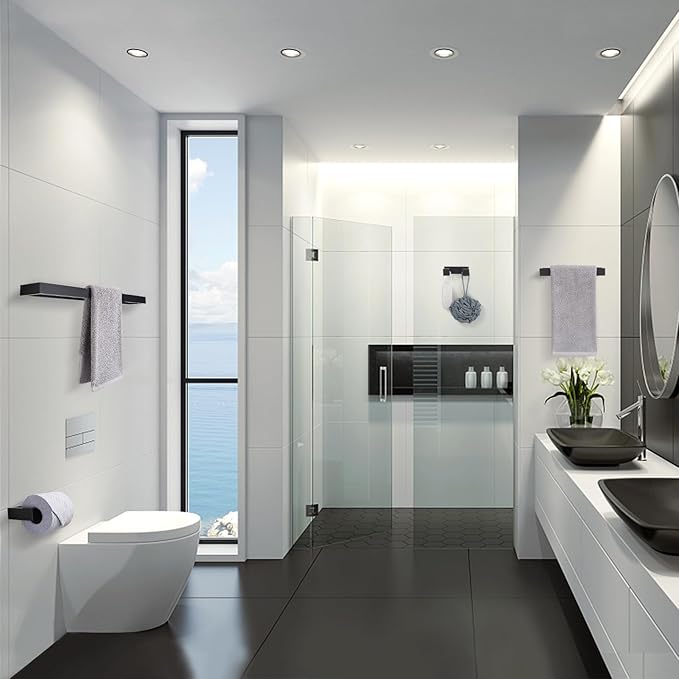 Lairuier 4-Piece Bath Towel Bar Set, Matte Black Bathroom Hardware Set Including Towel Bar,Towel Holder, Toilet Paper Holder, Towel Hook,Stainless Steel Bathroom Hardware Accessories Set