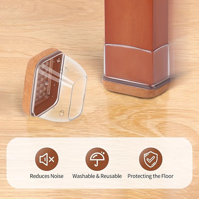 Ezprotekt 16 Pcs Rectangle Clear Felt Chair Leg Floor Protectors for Hardwood Floors, Rectangle Silicone Felt Furniture Pads Caps Covers for Chair Table Desk (Fit W :0.6-0.8", L: 0.9-1.3")