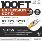 Iron Forge Cable Weatherproof 100 Ft Outdoor Extension Cord - 16/3 SJTW 10 Amp Heavy Duty Highly Visible Yellow Extension Cord 3 Prong - Lighted End