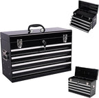 4 Drawers Metal Tool Box, 21" Portable Steel Tool Chest w/Key Lock & Latch Closure, Multi-Function Top Storage Tray Toolbox w/Powder Coating & Ball Bearing Slides for Garage & Workshop(Black)