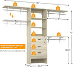 Closet System with Drawer - 8FT Wood Closet Organizer System with 3 Hanging Rods and Shelving Tower, 96" Walk In Closet Organizer Wardrobe, Heavy Duty Garment Rack Clothes Rack, White Oak