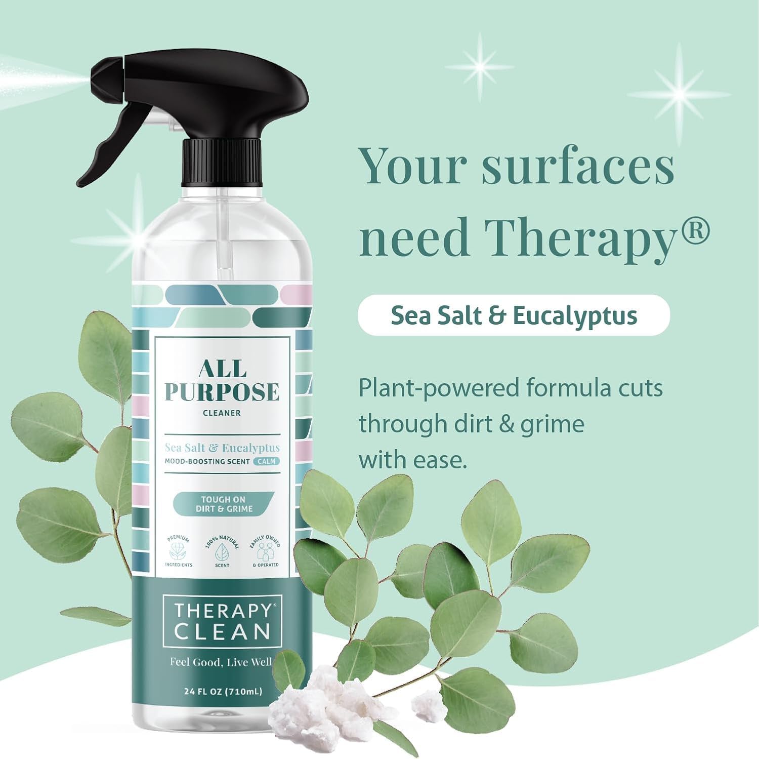 Therapy Clean All Purpose Cleaning Spray - Sea Salt & Eucalyptus 24 fl. oz (Pack of 3) - 100% Natural Scent, Kitchen Surface Counter, Surface Cleaner, Non Toxic All Purpose Cleaner Spray
