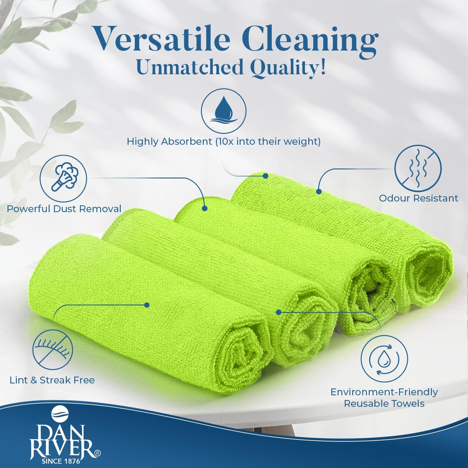 DAN RIVER 12-Pack Green Microfiber Towels – Ultra Absorbent, Lint-Free & Streak-Free Terry Cloth Rags for Home, Car & Kitchen - Must-Have Cleaning Essentials - 12" x 12"