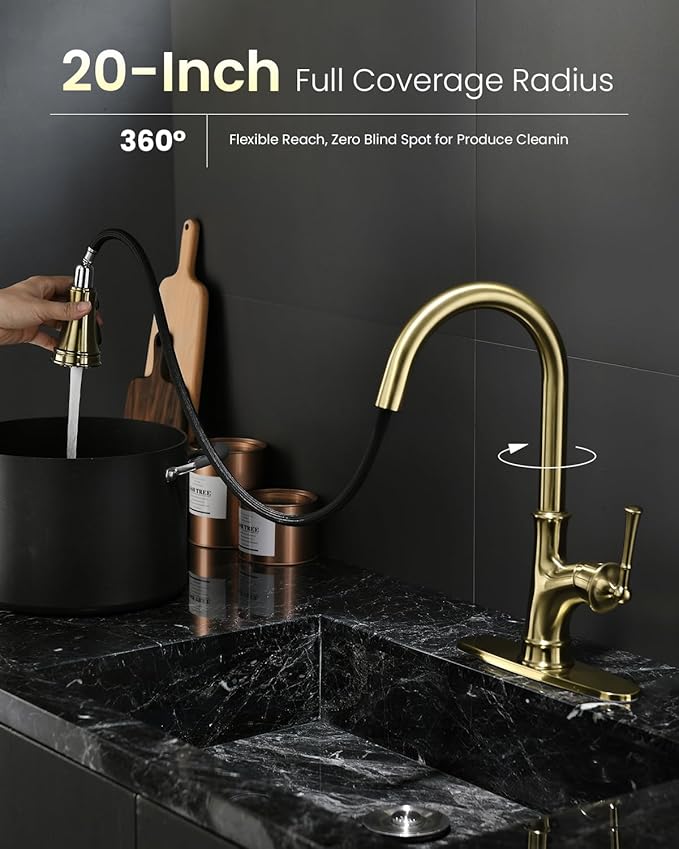 APPASO Gold Kitchen Faucet with Pull Down Sprayer, Antique Single Handle 1 Hole High Arc Pull Out Kitchen Sink Faucets