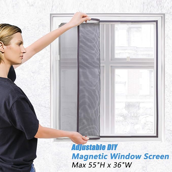 DIY Magnetic Window Screen Replacement Adjustable Mesh Screen 55"H*36"W with Magnets Fits Any Size White Frames with Grey Fiberglass Screen