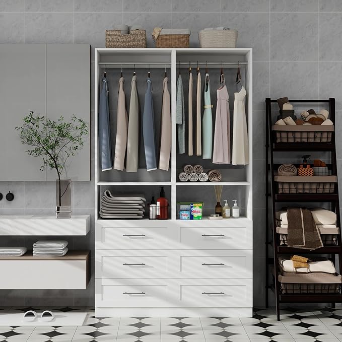 Closet System with 6 Drawers, Modular Closet Organizer System with 4 Hanging Rod, Custom Closet Storage Solution for Small Walk-in Closet, 2 Sets, White (4FT)