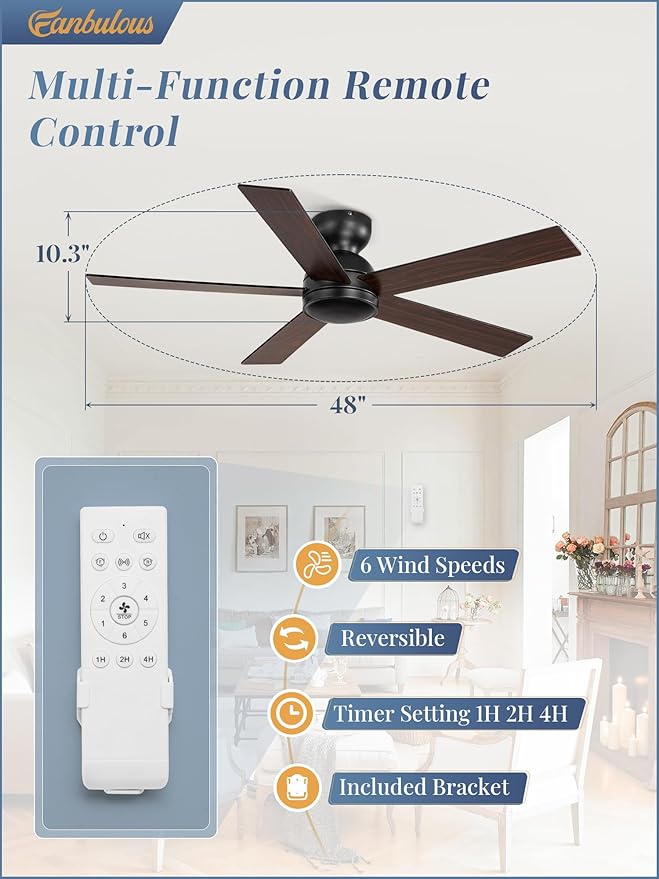 48 Inch Flush Mount Ceiling Fan no Light, Black Ceiling Fan with Remote, 6-Speeds, Quiet Reversible DC Motor, Indoor/Outdoor Ceiling Fans without Lights for Patio, Living Room, Bedroom