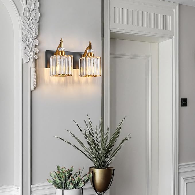 Modern Vanity Lights Black Gold 2 Light Bathroom Vanity Light Crystal Bathroom Light Fixtures Over Mirror