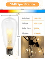 10-Pack Edison Replacement Bulbs ST40 Light Bulbs, 7W 120V E17 Screw Base, Edison Replacement Bulbs for Outdoor String Lights, Bulb for Patio Garden Backyard Decor, Warm White