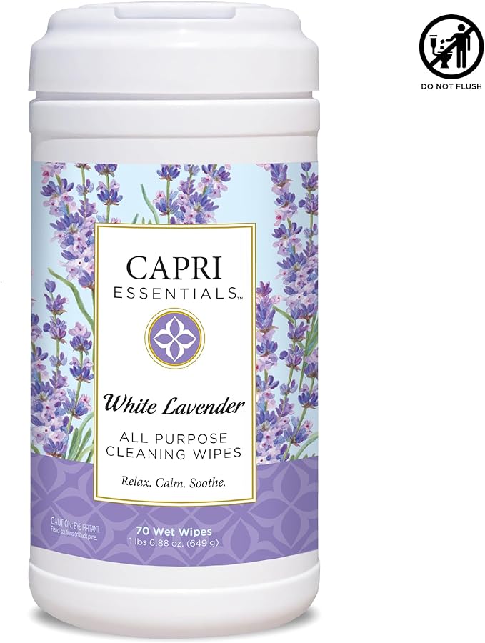 Capri Essentials All Purpose Cleaning Wipes, Natural Household Cleaning Supplies, Bathroom and Kitchen Cleaner with Essential Oils, Chamomile, Thyme & Juniper, Sweet Basil Scent, 70 Wet Wipes