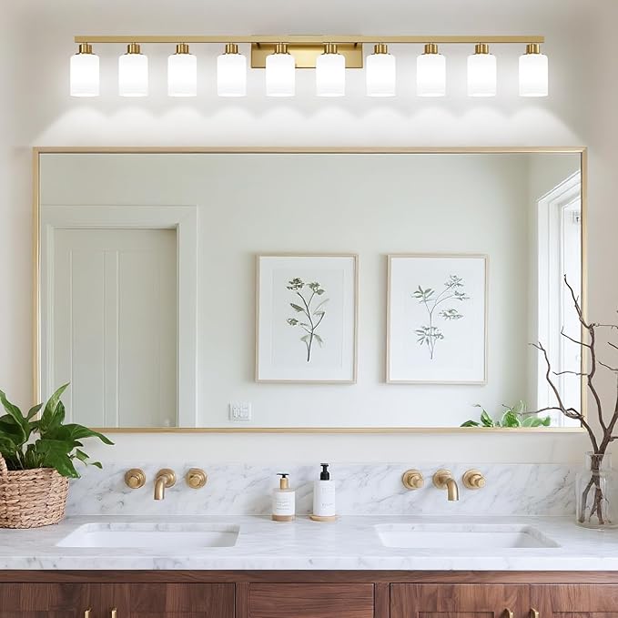Gold Bathroom Vanity Light,10-Light Brushed Gold Bathroom Light Fixtures with White Frosted Glass,64.5in Wall Lamp Sconces for Mirror Bedroom,Living Room Hallway,E26