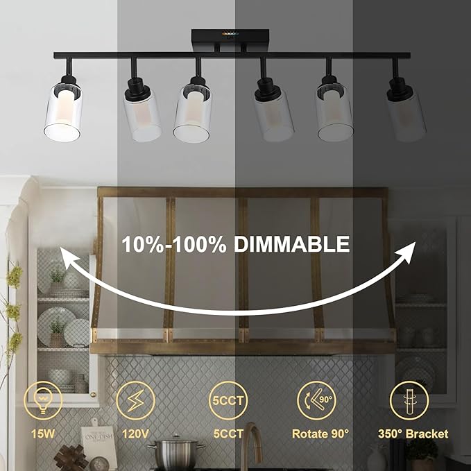 6-Light LED Black Dimmable Track Lighting Kit, 5-Color Temperature Ceiling Spotlight Bathroom Vanity Lighting with Integrated LED Chips & Clear Glass Shade & Frosted Column