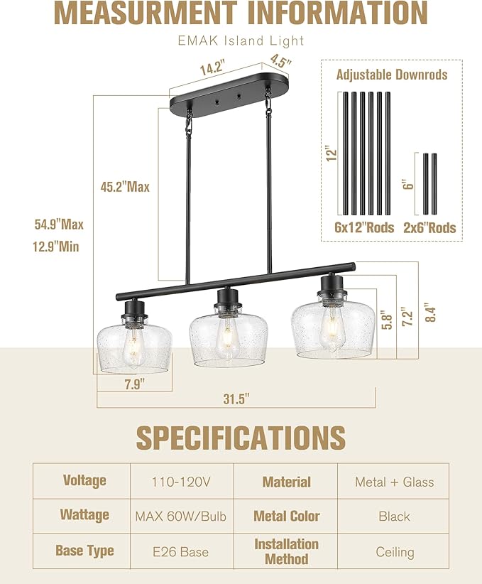 Emak Black Dining Room Light Fixture, Modern 32 Inch Linear Chandelier Lamp with Seeded Glass Shade, Farmhouse 3-Light Kitchen Island Lighting for Kitchen, Dining Room, Bar, IL122-BK-SG-3