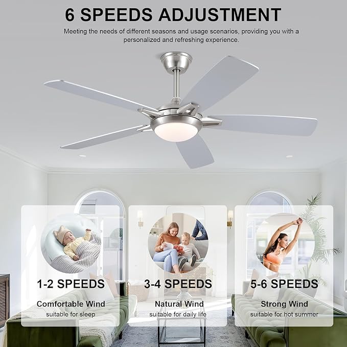 52 Inch Ceiling Fans with Lights and Remote, Modern Indoor Outdoor Ceiling Fan for Bedroom Living Room Patio Porch, 6 Speeds, Reversible Quiet Motor, Dual Finish Wooden Blades, Nickel